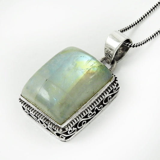 Crown Chakra Natural Rainbow Moonstone Tribal Sister Pendant 925 Solid Silver