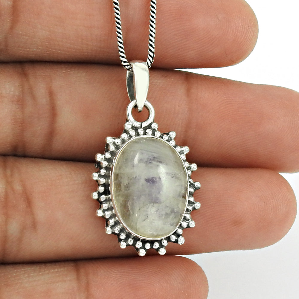 Natural Rainbow Moonstone Gemstone Pendant Bohemian White 925 Sterling Silver R8