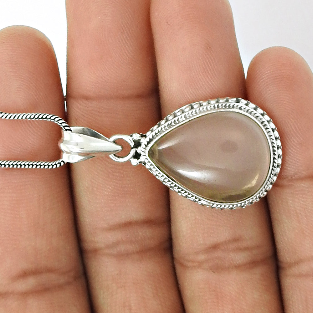 Rose Quartz Gemstone Ethnic Daughter Bezel Handmade Pendant 925 Sterling Silver