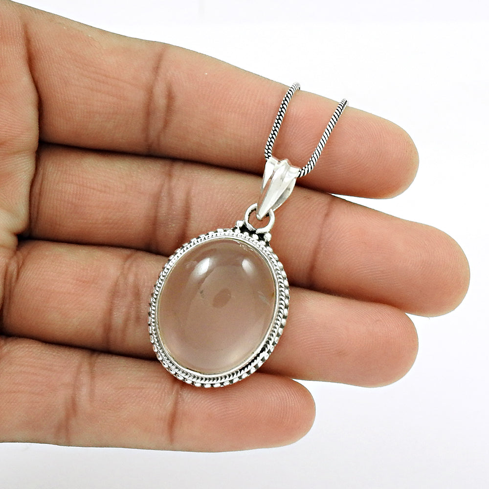 Heart Chakra Oval Rose Quartz Stone Bezel Ethnic Unique Pendant 925 Solid Silver