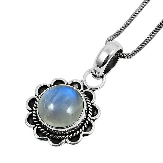 Rainbow Moonstone Stone Vintage Wedding Crown Chakra Pendant 925 Sterling Silver