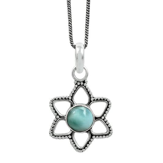 Throat Chakra Larimar Stone Bezel Flower Anniversary Pendant 925 Sterling Silver