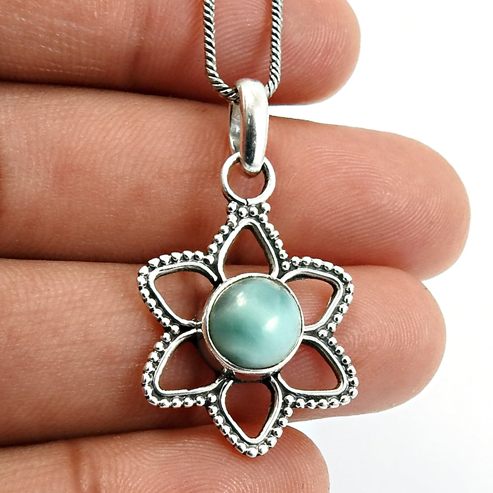 Throat Chakra Larimar Stone Bezel Flower Anniversary Pendant 925 Sterling Silver