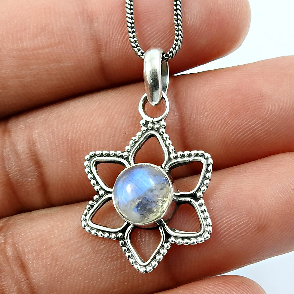Crown Chakra Natural Rainbow Moonstone 925 Solid Silver Flower Birthday Pendant