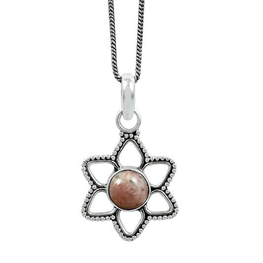 Heart Chakra Round Natural Rhodochrosite Solid Silver Flower Engagement Pendant
