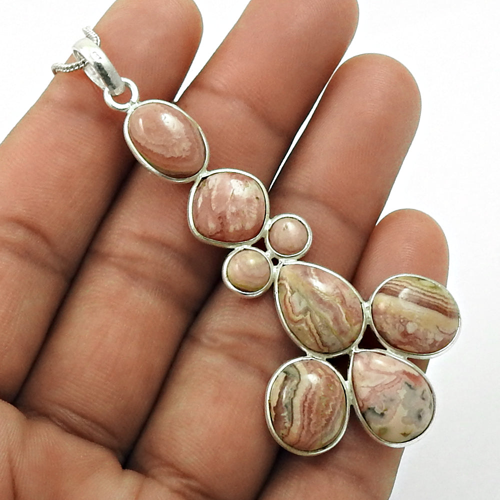 Birthday Gift Natural Rhodochrosite Pendant Tribal 925 Sterling Silver Q1
