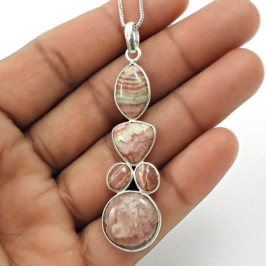Natural Rhodochrosite Gemstone Pendant Bohemian Pink 925 Sterling Silver R9