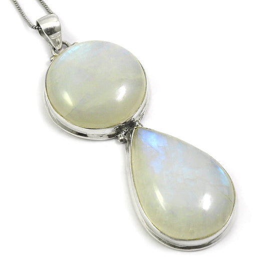 925 Sterling Silver Crown Chakra Natural Rainbow Moonstone Bezel Boho Pendant