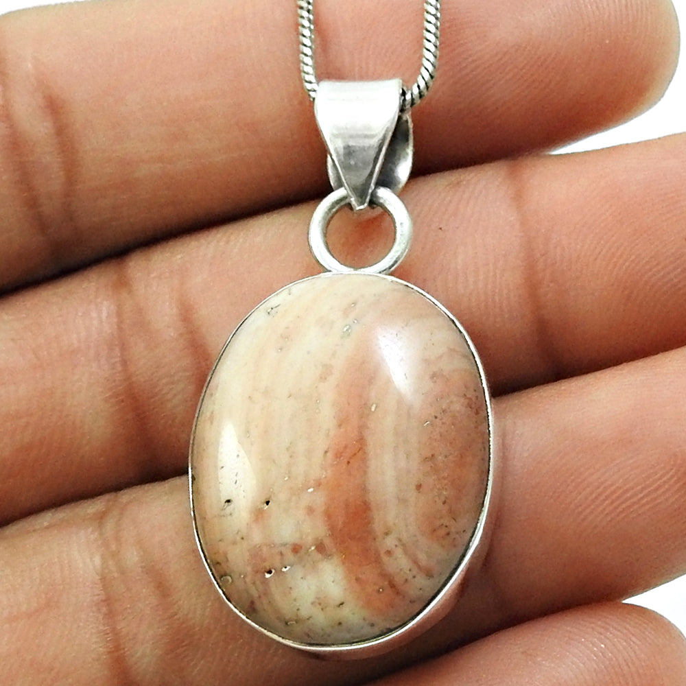 Solid Silver Oval Natural Rhodochrosite Wife Art Deco Boho Ethnic Trendy Pendant