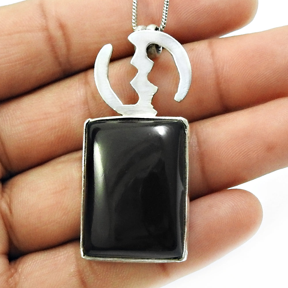 Natural Black Onyx Gemstone Pendant Vintage 925 Sterling Silver Jewelry For Girls X70