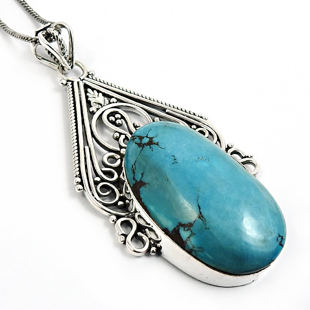 Friendship Day Sale Oval Turquoise Gemstone Solid Silver Ethnic Bezel Pendant