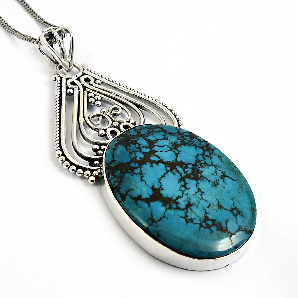 Natural Turquoise Gemstone Pendant Tribal 925 Sterling Silver For Girls Y9