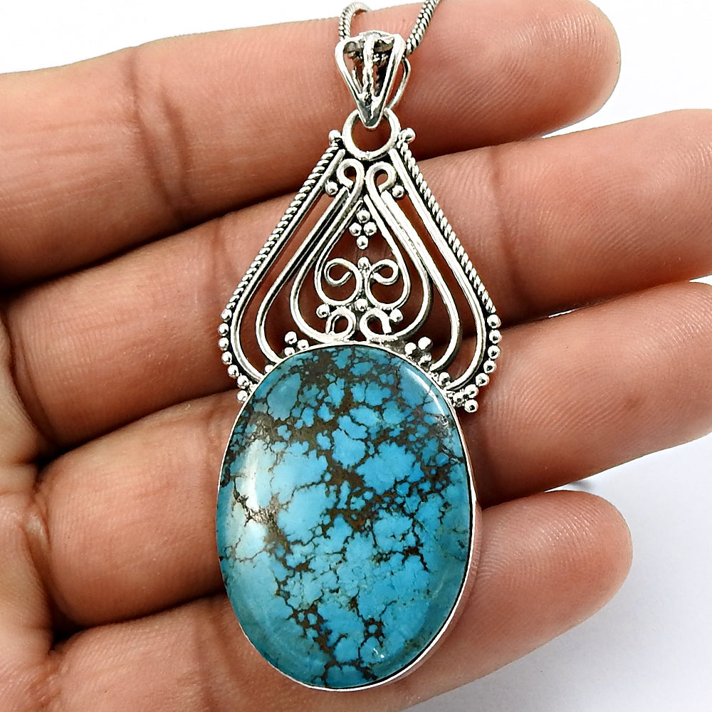 Natural Turquoise Gemstone Pendant Tribal 925 Sterling Silver For Girls Y9
