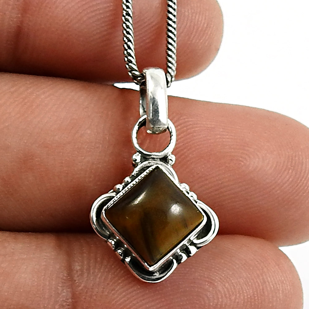 Natural Tiger Eye Gemstone Pendant Tribal 925 Sterling Silver For Girls C30