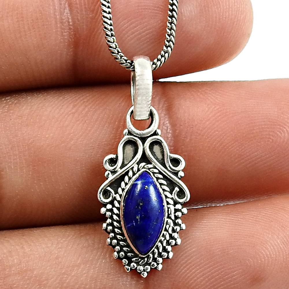 Natural Lapis Lazuli Gemstone Pendant Ethnic 925 Sterling Silver Jewelry Z87