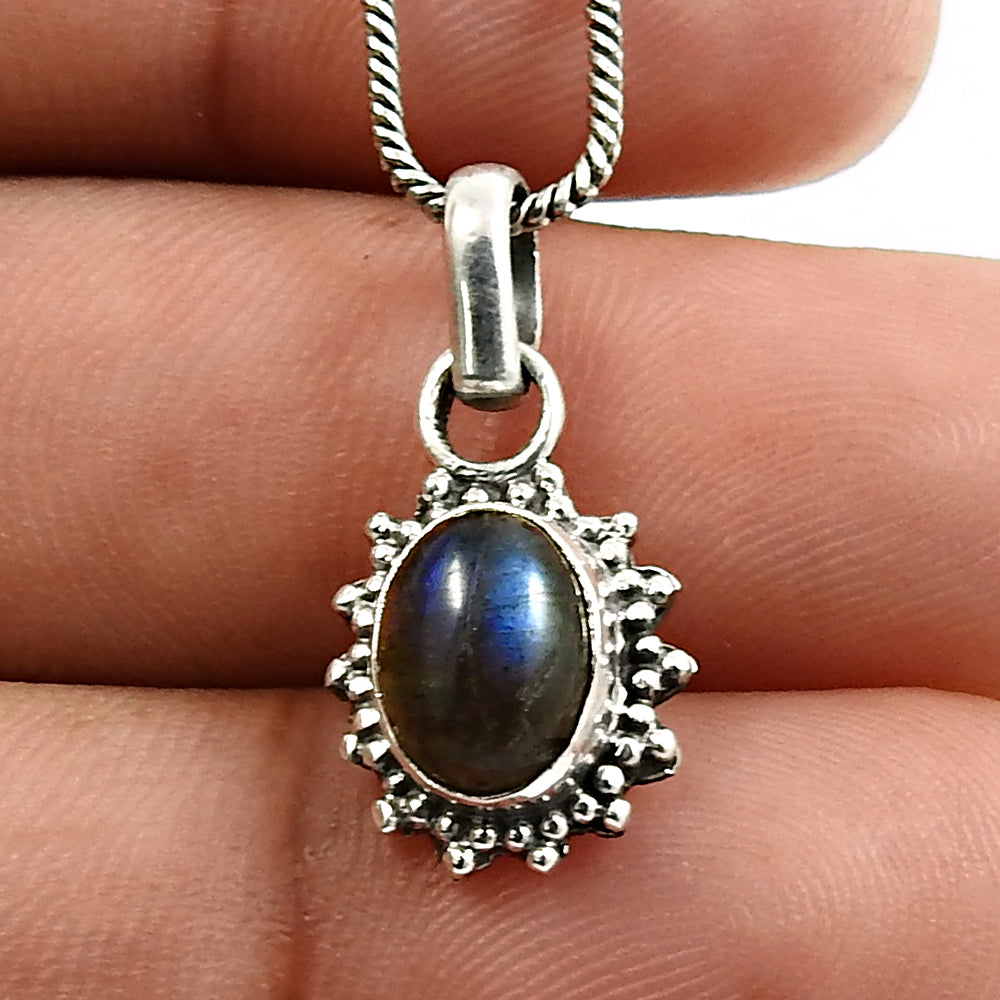 Natural Labradorite Gemstone Pendant Bohemian 925 Sterling Silver Jewelry C88