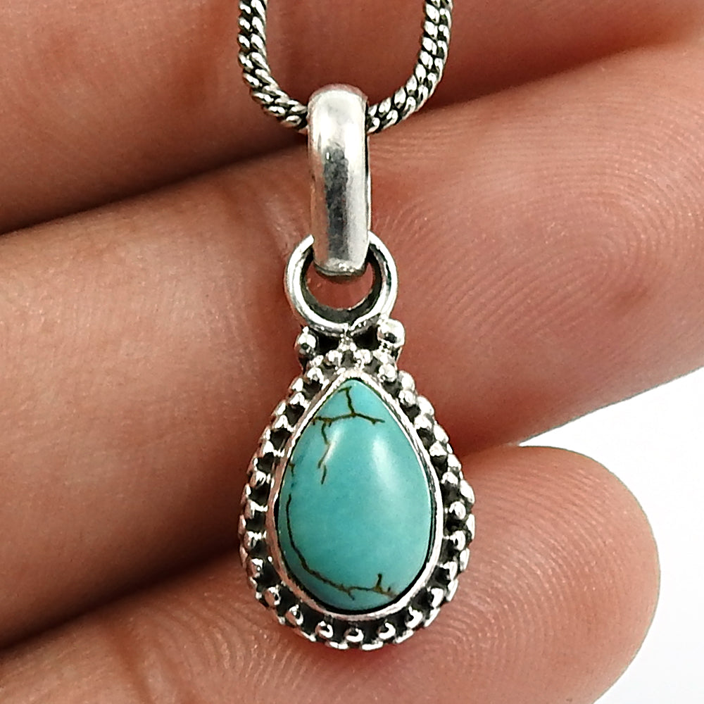 Natural Turquoise Elegant New Boho Throat Chakra Pendant Solid Sterling Silver