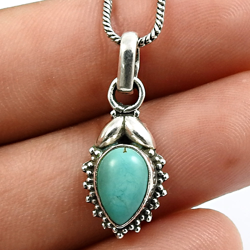 Natural Turquoise 925 Sterling Silver Engagement Art Deco Bezel Tribal Pendant