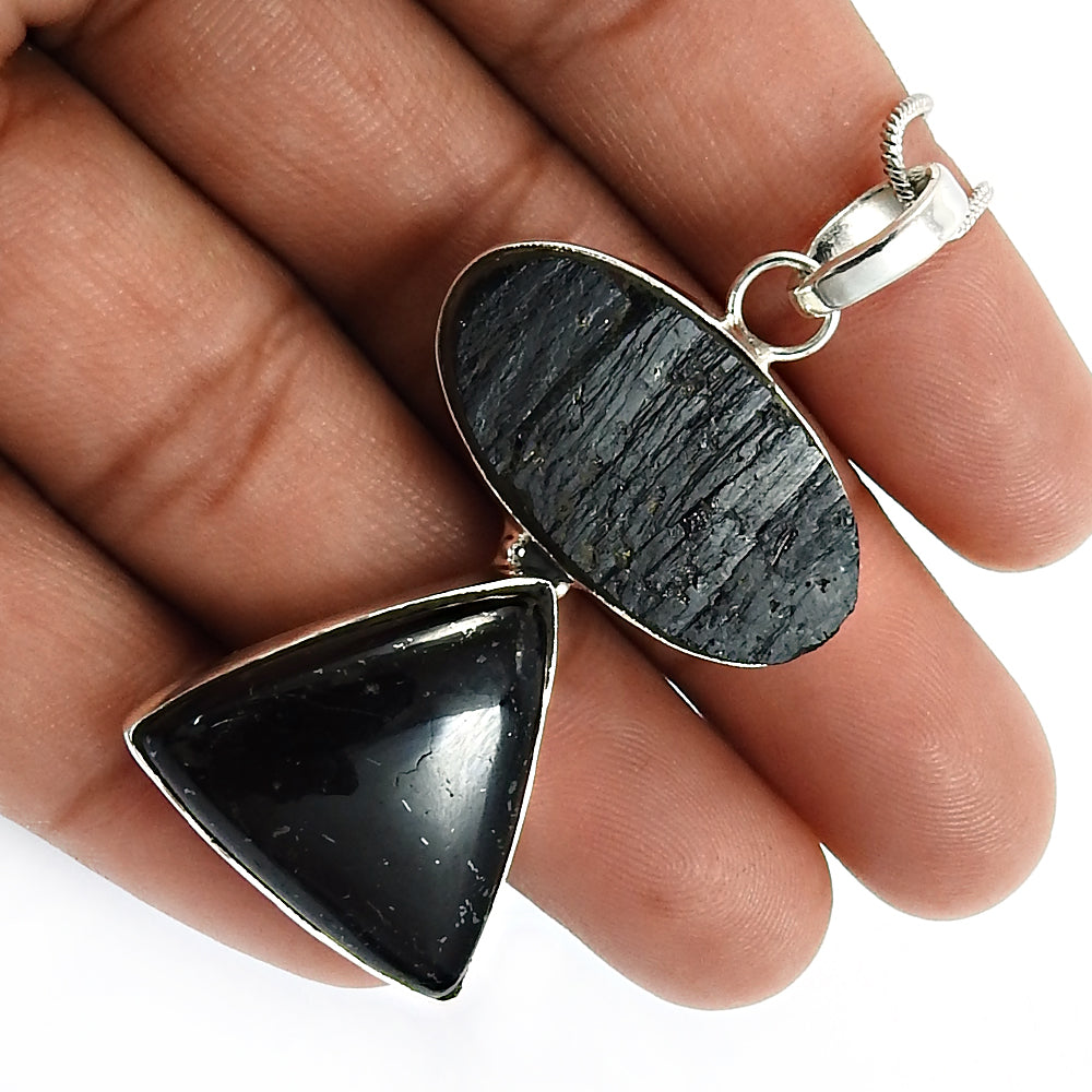 Gift For Her Natural Black Tourmaline 925 Sterling Silver Pendant Jewelry J65