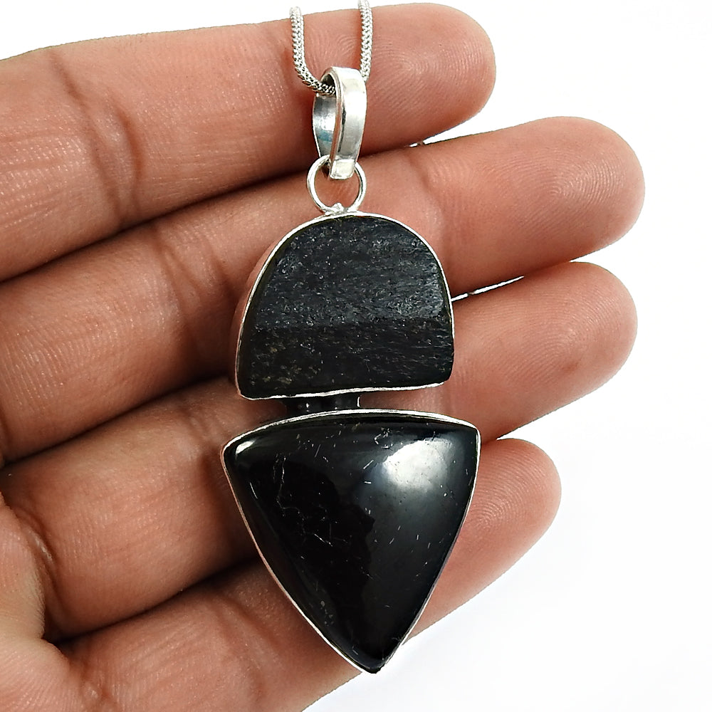 Birthday Gift 925 Silver Natural Black Tourmaline Stone Pendant Healing B40