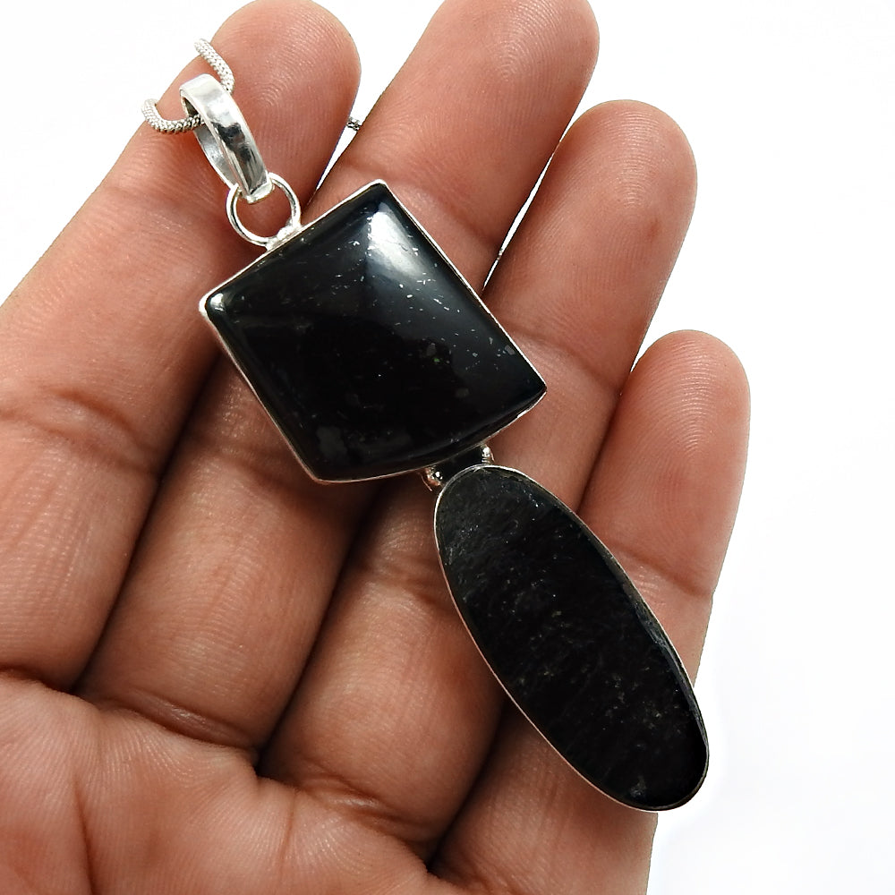 Birthday Gift Natural Black Tourmaline Pendant Healing 925 Silver D40