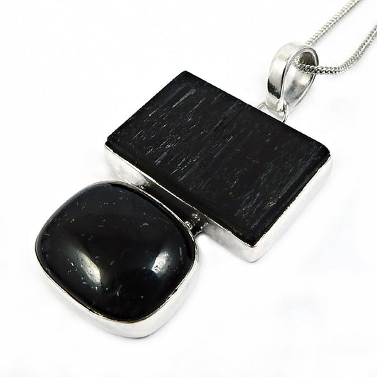Birthday Gift 925 Silver Natural Black Tourmaline Stone Pendant Healing P39