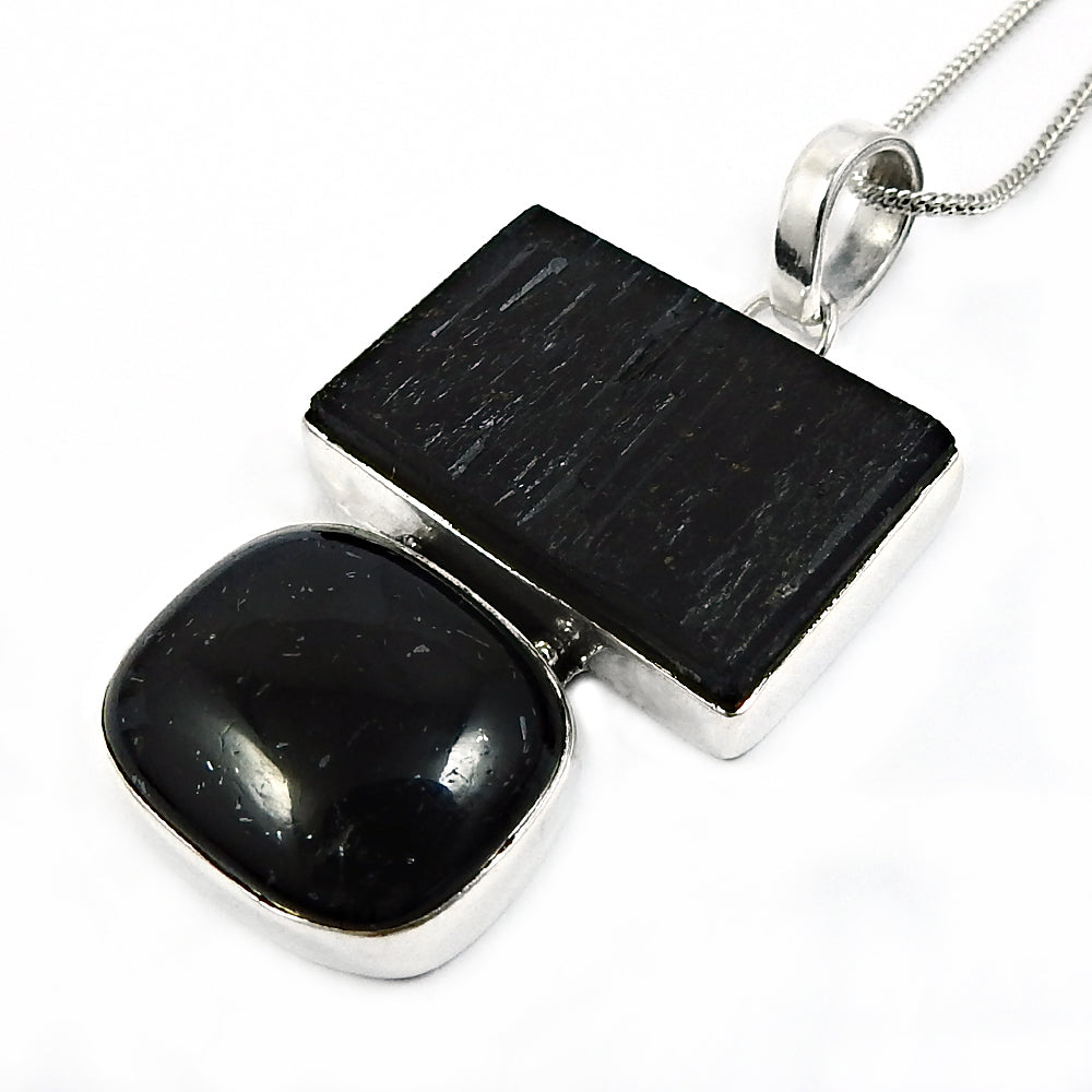 Birthday Gift 925 Silver Natural Black Tourmaline Stone Pendant Healing P39