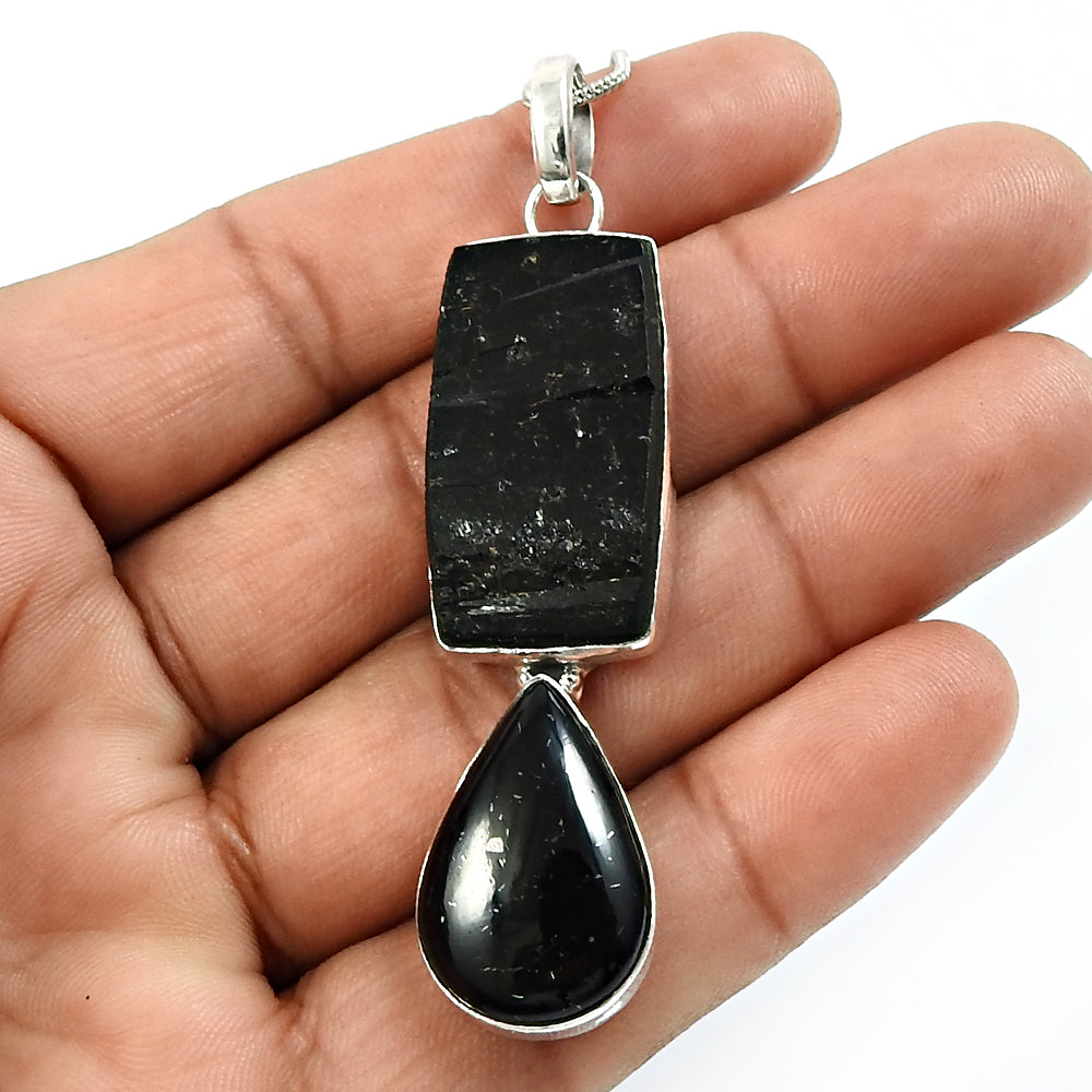 Black Tourmaline Gemstone 925 Solid Silver Artisan Bezel Healing Power Pendant