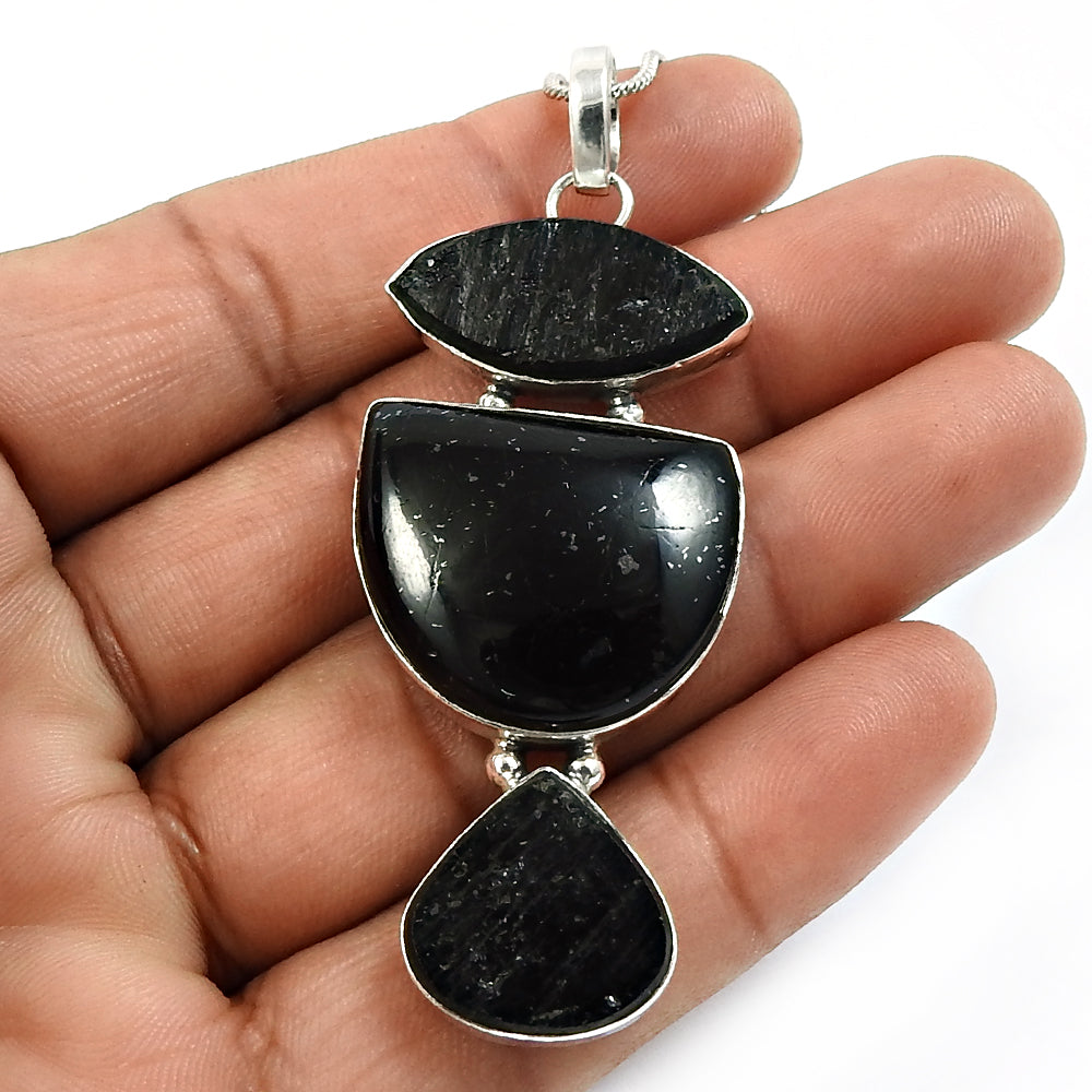 Heart Natural Black Tourmaline Sterling Silver Healing Power Anniversary Pendant