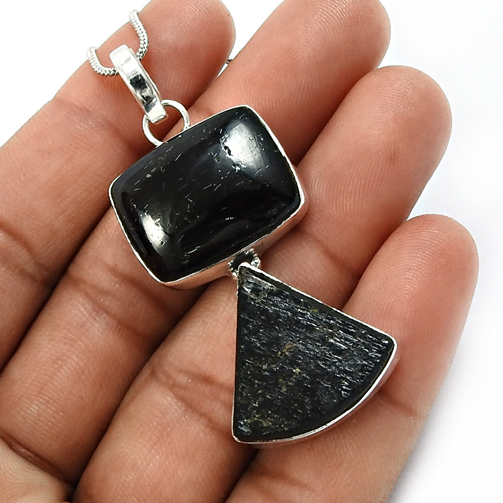 Natural Black Tourmaline Solid Silver Wedding Healing Bezel Boho Pendant Jewelry