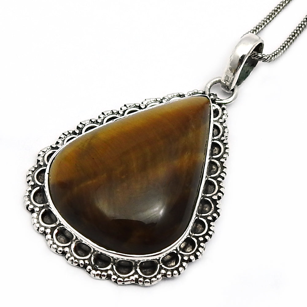 Birthday Gift Natural Tiger Eye Pendant Boho 925 Sterling Silver W10