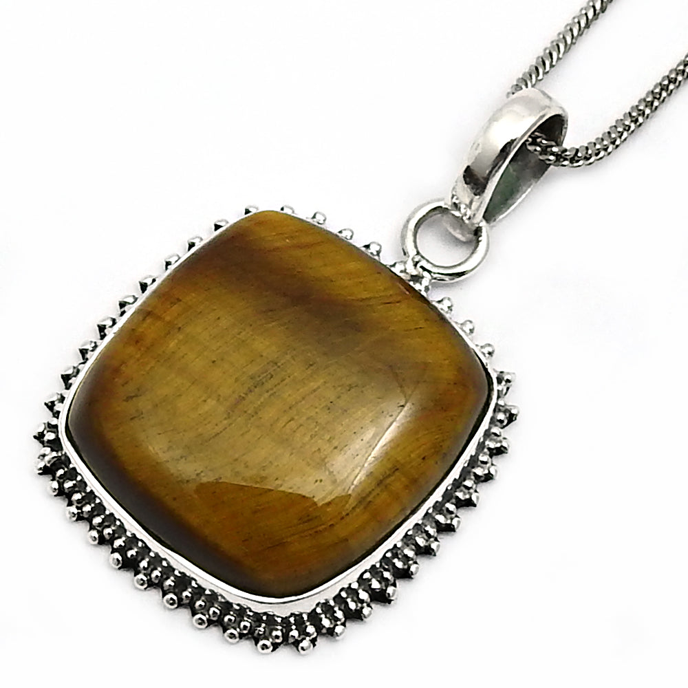 Anniversary Gift For Her Natural Tiger Eye Pendant Ethnic 925 Silver W47