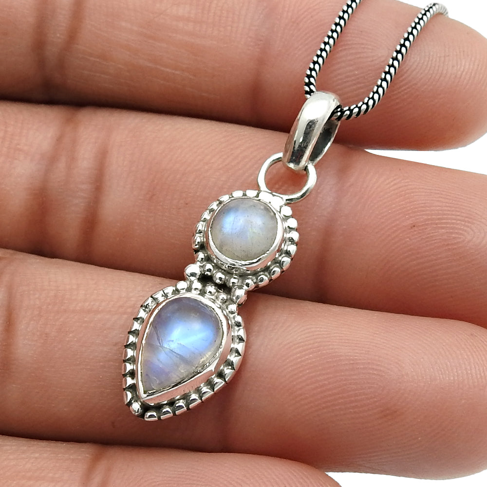 Birthday Gift Pendant Vintage 925 Silver Natural Rainbow Moonstone F11