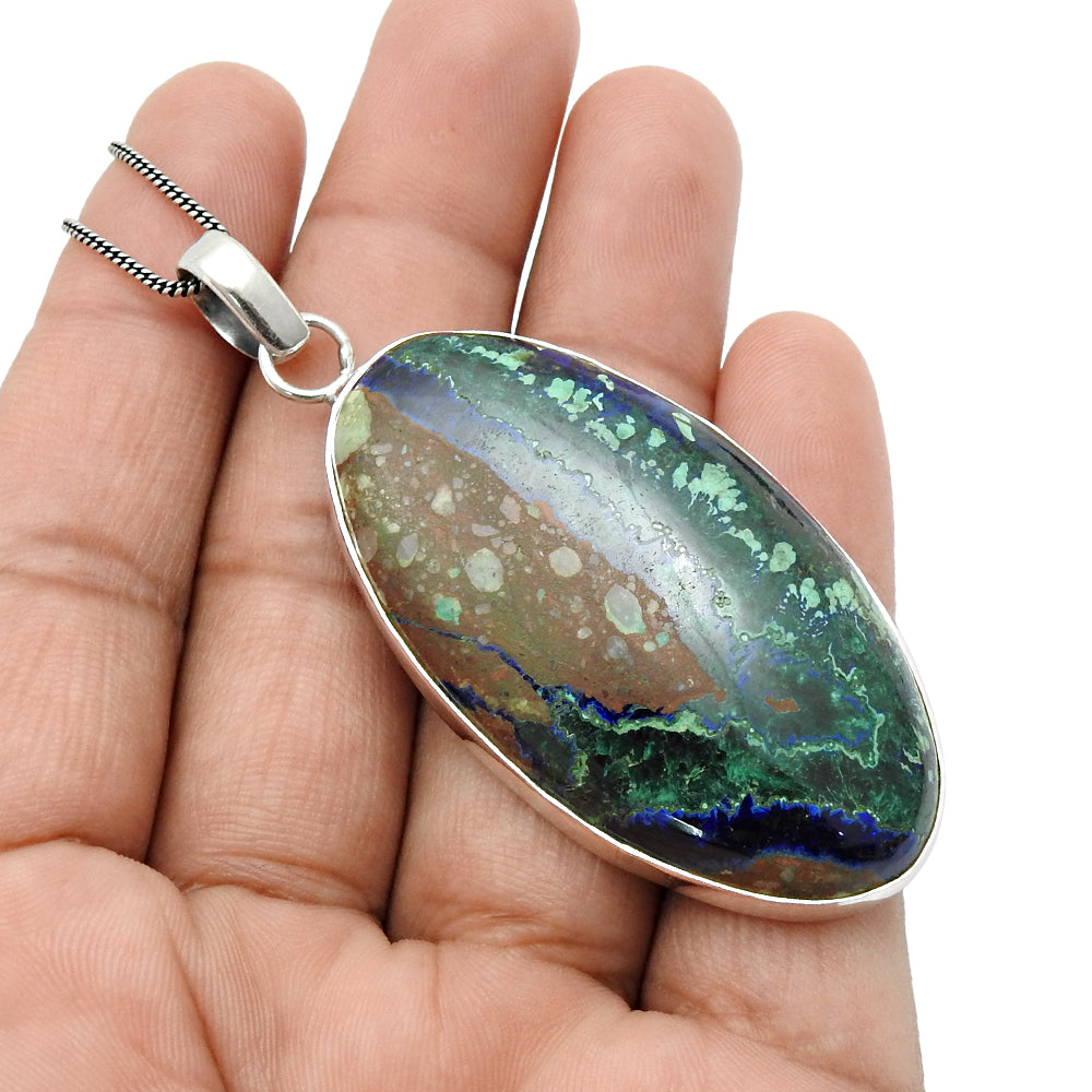 Birthday Gift 925 Sterling Silver Natural Azurite Malachite Stone Pendant J8