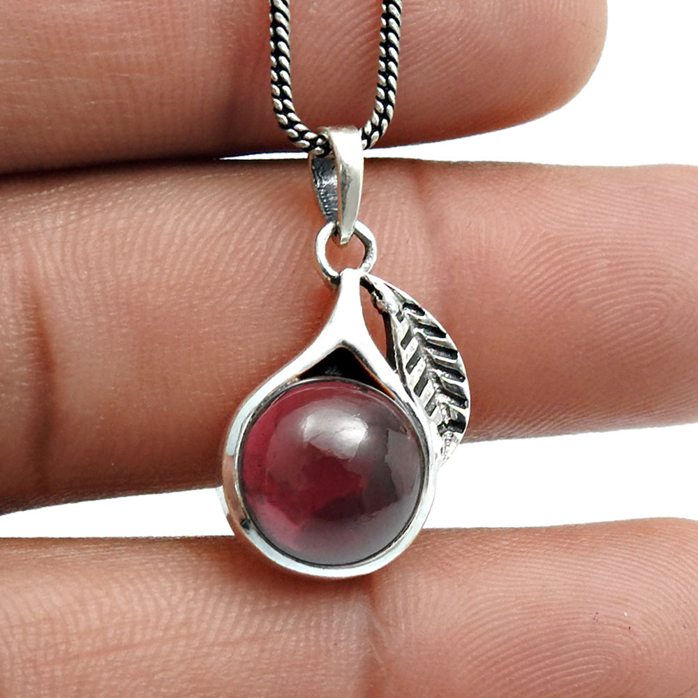 January Birth Garnet Stone 925 Solid Silver Ethnic Wedding Leaf Daughter Pendant