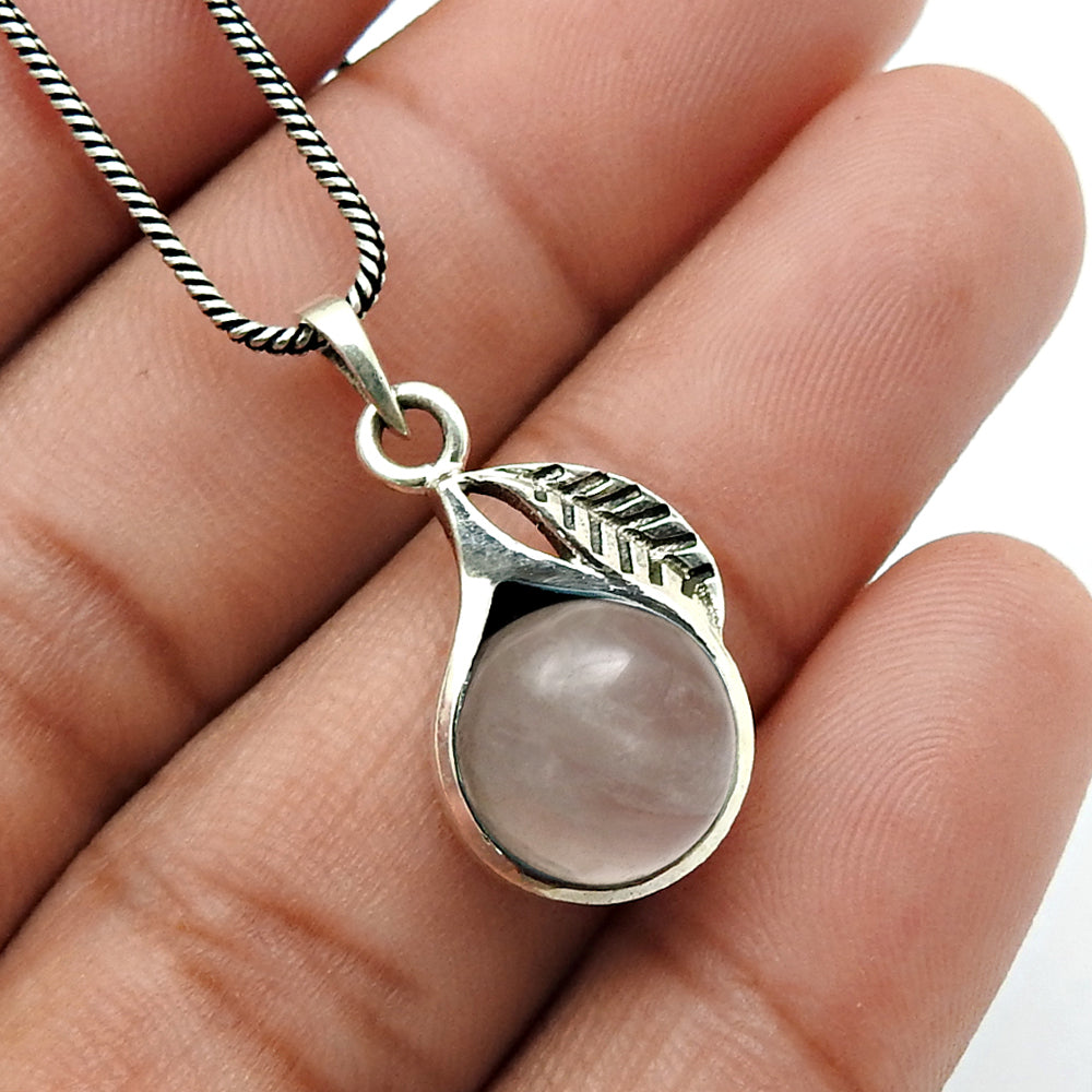 Round Rose Quartz Gemstone Bezel Leaf Anniversary Pendant Solid Sterling Silver