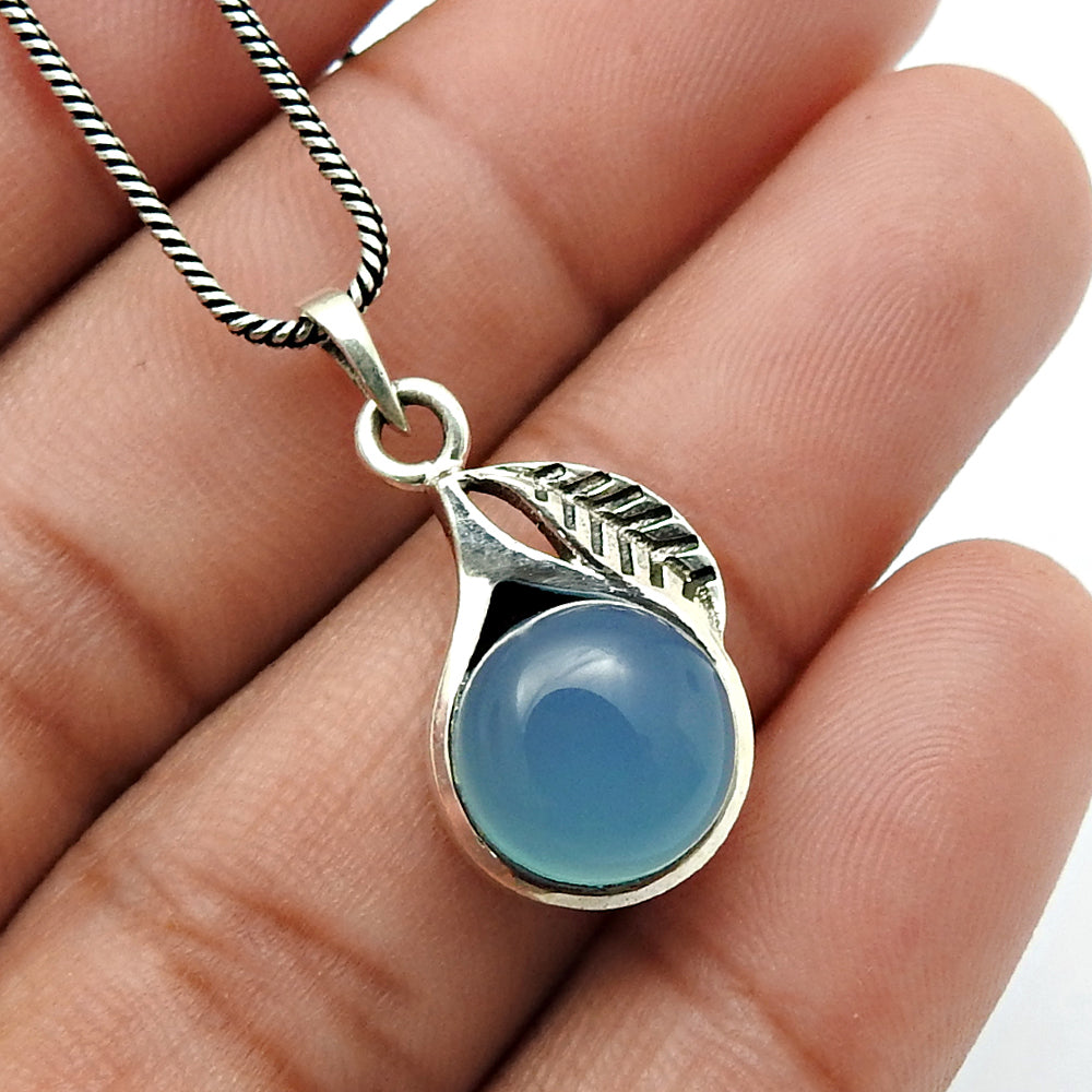 Natural Blue Chalcedony Gemstone 925 Sterling Silver Handmade Leaf Pendant Gift