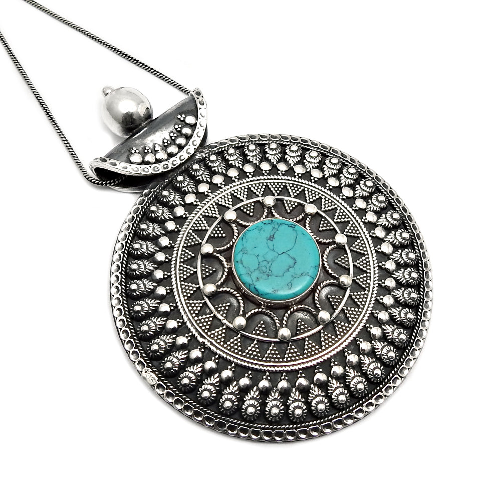 Gift For Her Natural Blue Turquoise Gemstone Oxidized 925 Silver Turkish Pendant