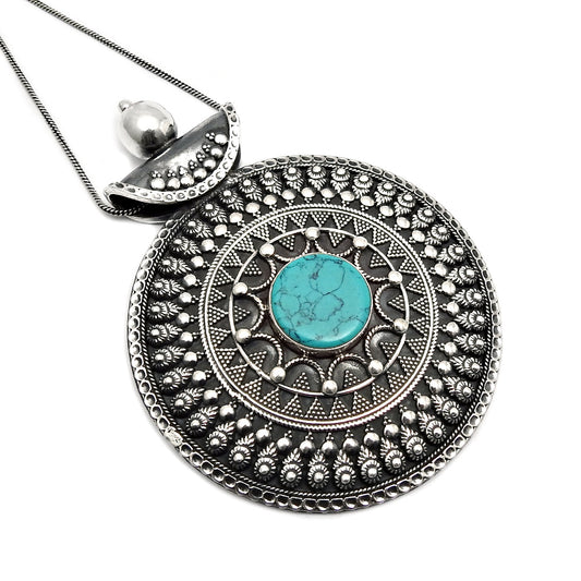 Gift For Her Natural Blue Turquoise Gemstone Oxidized 925 Silver Turkish Pendant