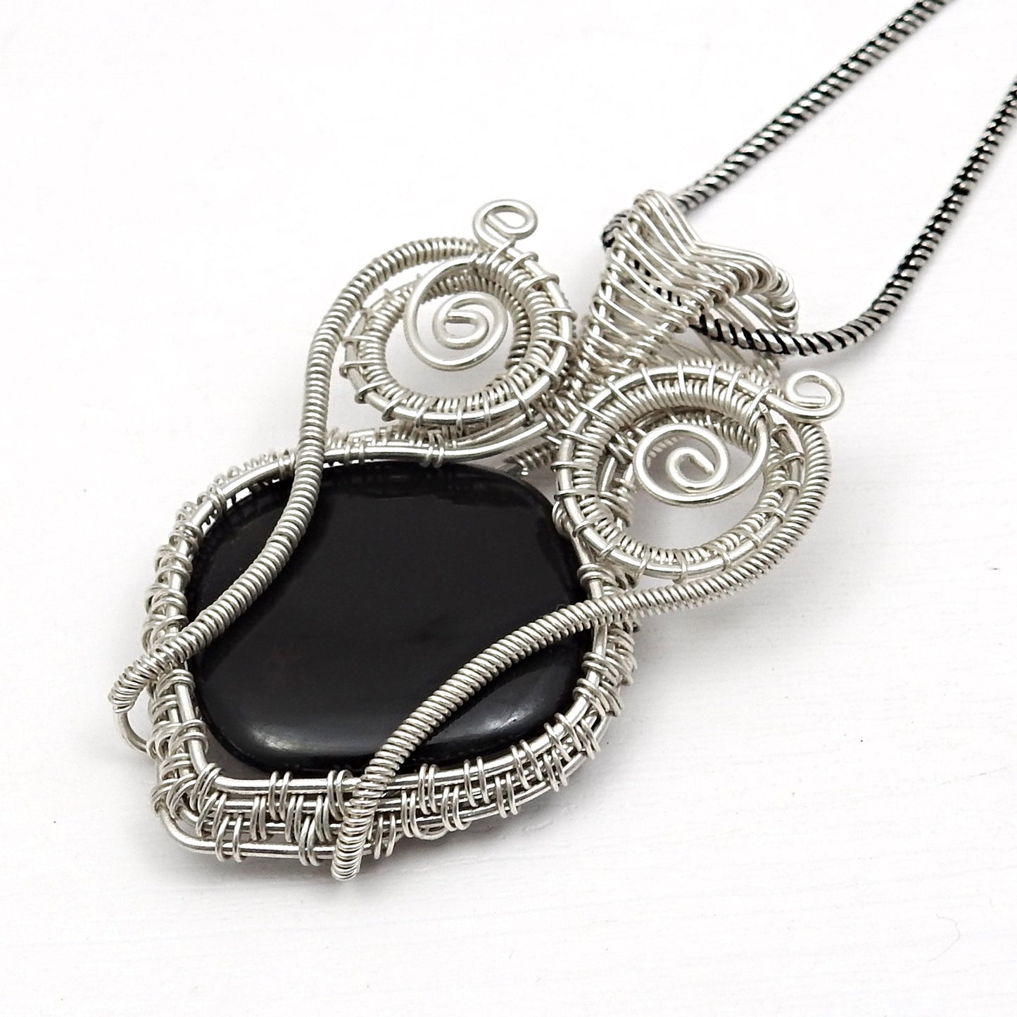 Natural Black Onyx 925 Sterling Silver Wire Wrapped Pendant