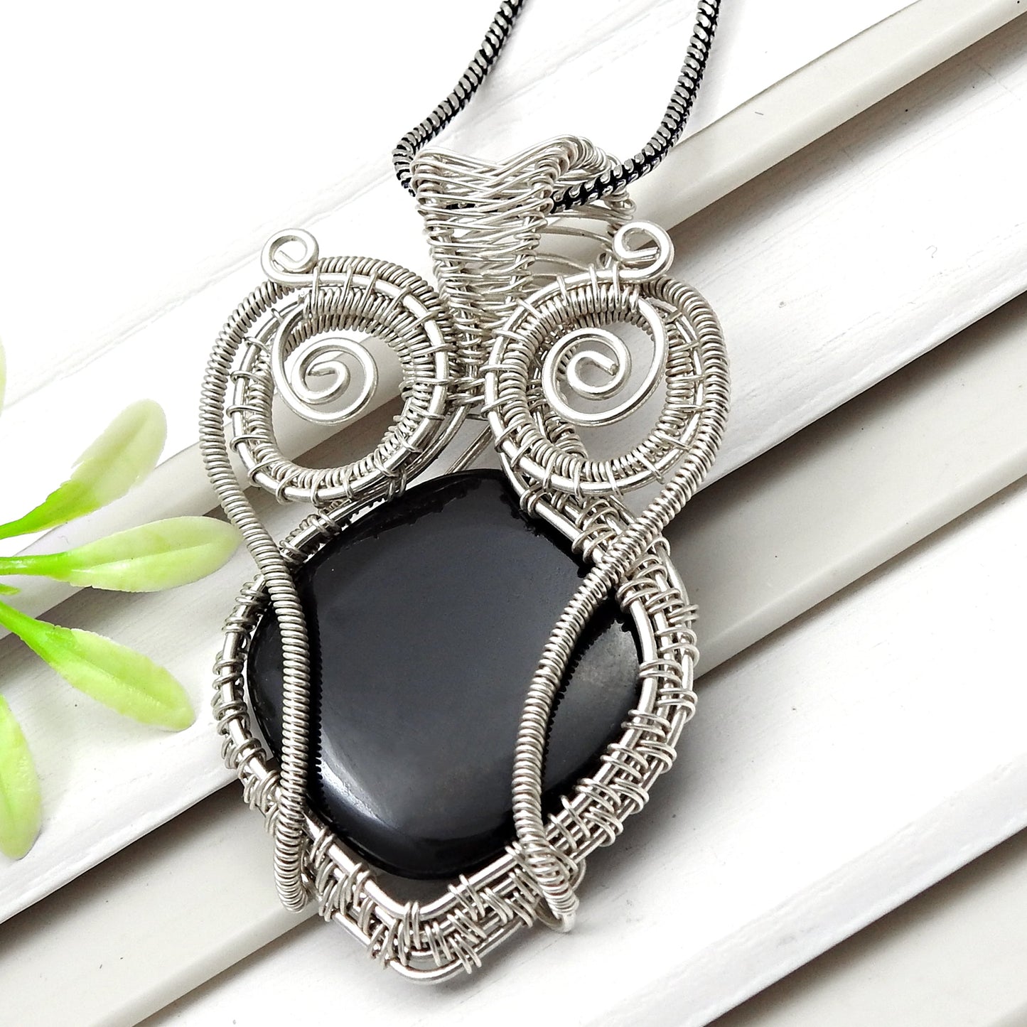 Natural Black Onyx 925 Sterling Silver Wire Wrapped Pendant