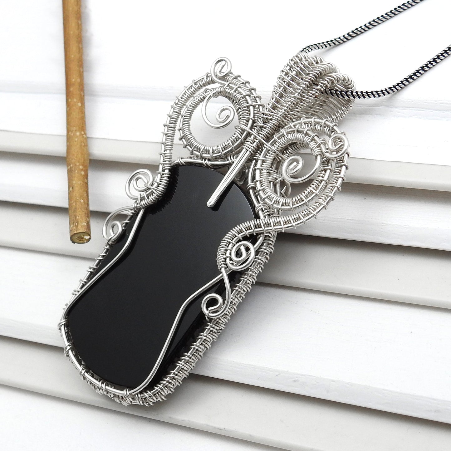 Natural Black Onyx Solid 925 Silver Wire Wrapped Pendant