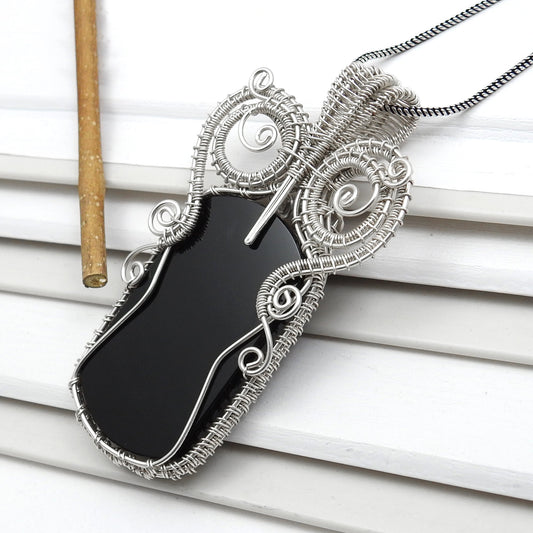 Natural Black Onyx Solid 925 Silver Wire Wrapped Pendant