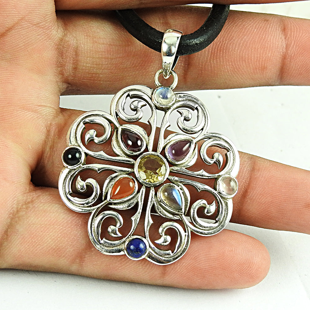 Gift For Her Natural Mix Assorted Gemstone Pendant 925 Sterling Silver Jewelry