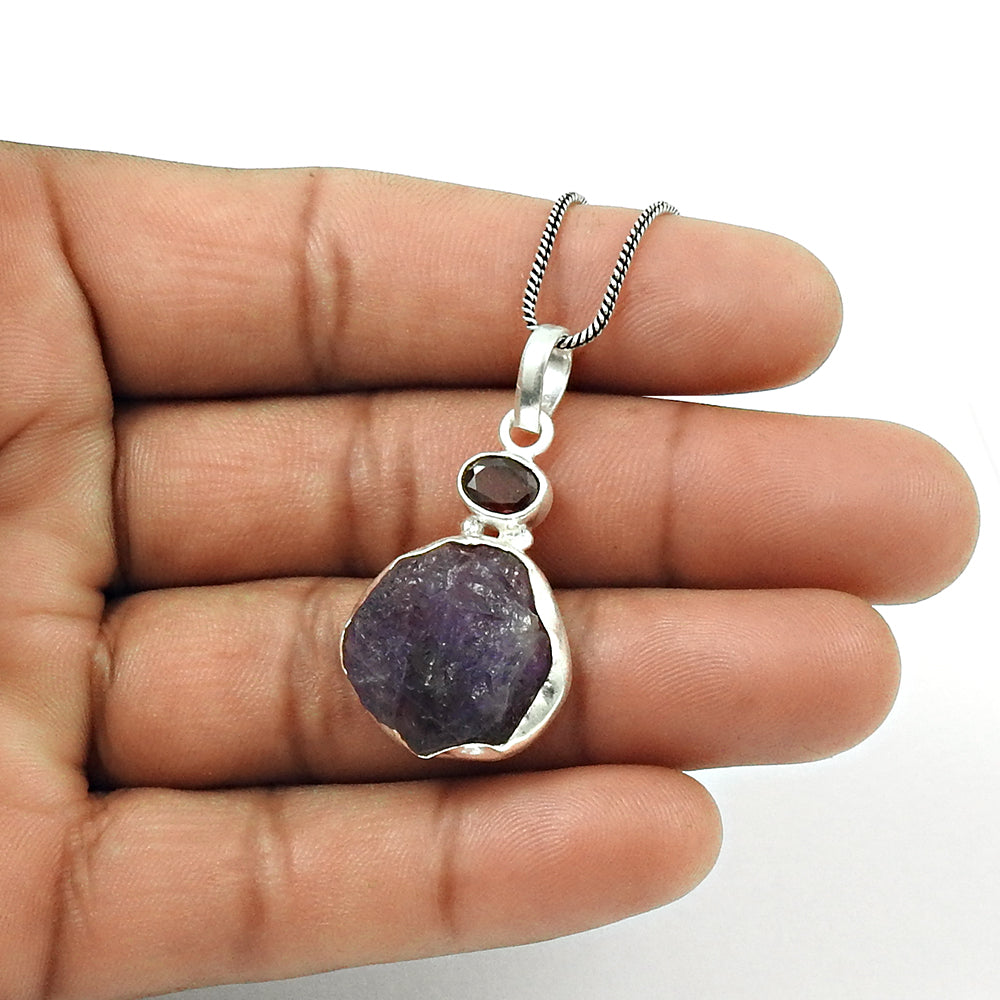 Cabochon Amethyst 925 Silver Daughters Day Mother Rough Stone Pendant Jewelry