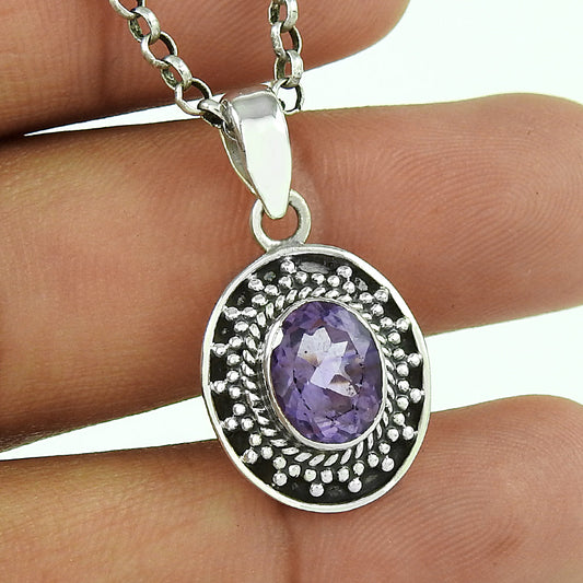 925 Sterling Silver Oval Natural Amethyst Boho Tribal Daughter February Pendant