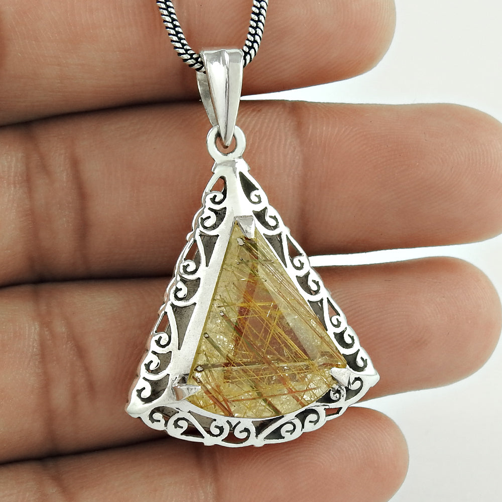 Golden Rutile Gemstone Sterling Silver Bezel Artisan Pendant Jewelry