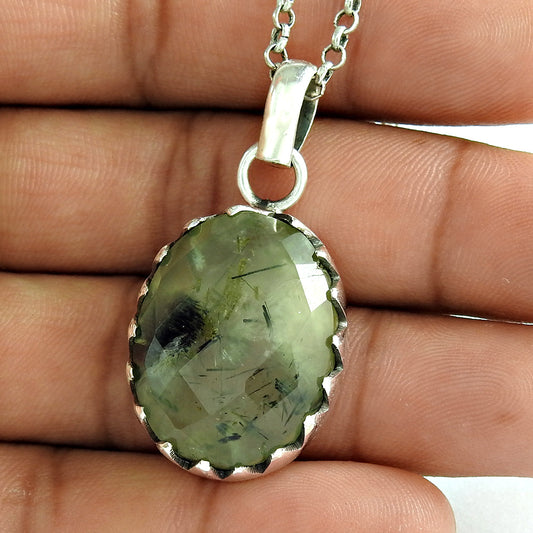 Birthday Gift Pendant Ethnic 925 Sterling Silver Natural Prehnite Gemstone D14