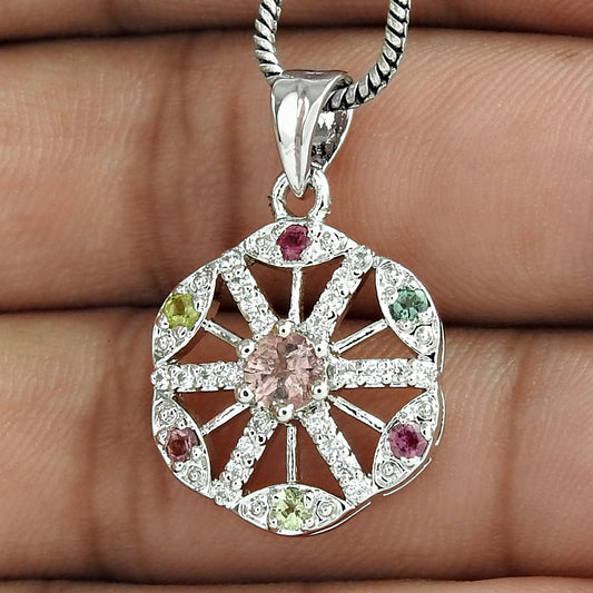Natural Tourmaline Gemstone Pendant Bohemian Multicolor 925 Sterling Silver S22