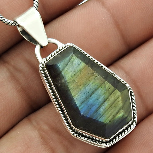 Birthday Gift Coffin Natural Labradorite Gemstone Pendant 925 Sterling Silver G7